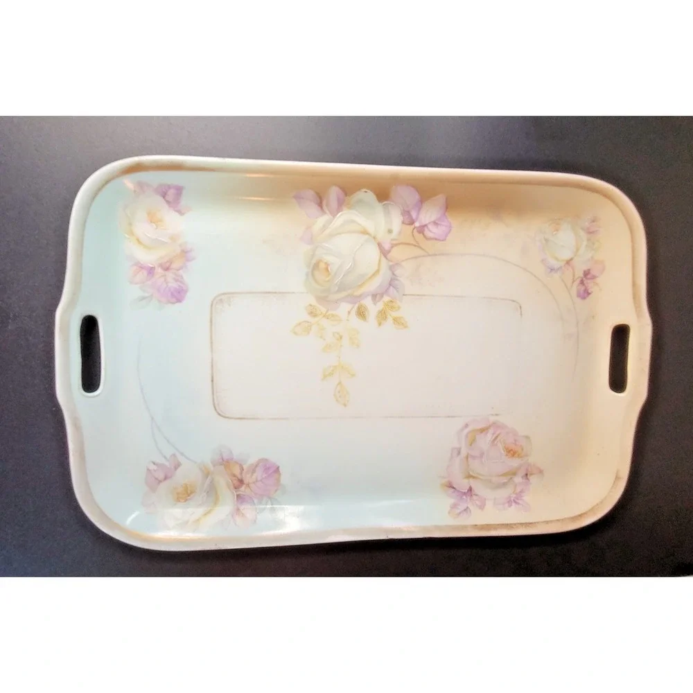 Vintage Czechoslovakia Porcelain Vanity Tray Roses Gold Gilt 10x6in